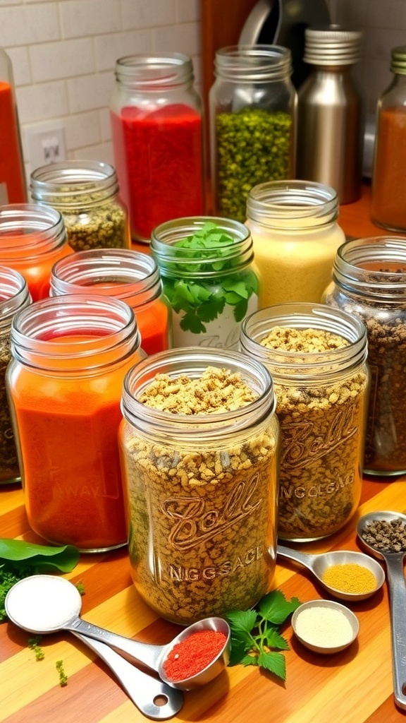 Jars of homemade seasoning mixes on a wooden counter with measuring spoons and herbs.